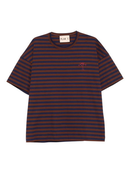  Plan C Striped Embroidered-detail T-shirt - Brown 