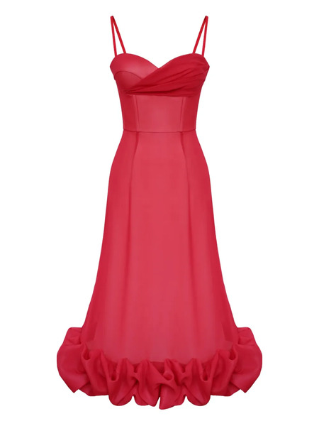  Post Meridiem Draped-bodice Flounced-hem Midi Dress - Red 