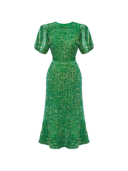  Post Meridiem Sequin-embellished Puff-sleeve Midi Dress - Green 