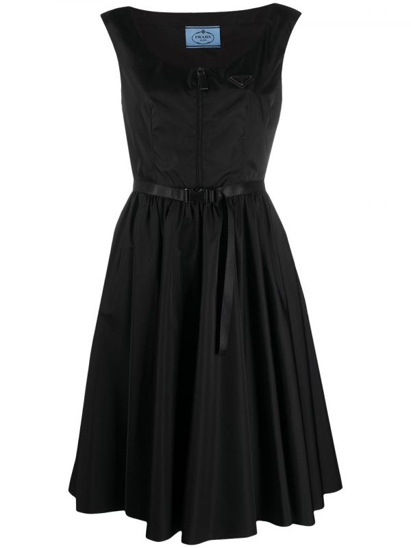  Prada Belted Logo Plaque Flared Dress - Black 