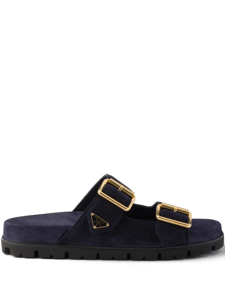  Prada Buckle Suede Slides - Blue 