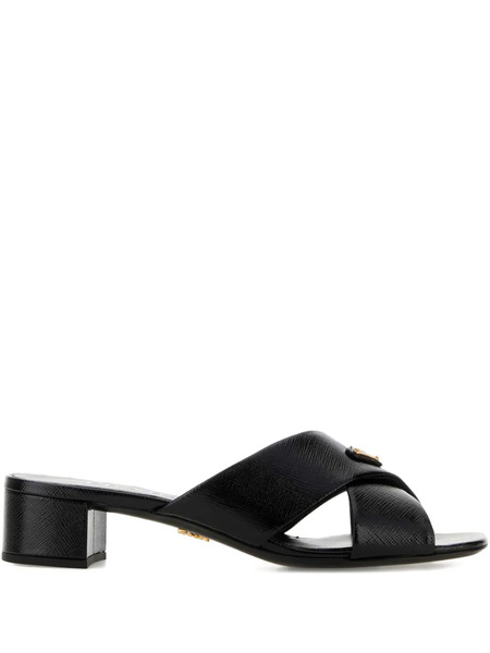  Prada Criss Cross Leather Heel Sandals - Black 