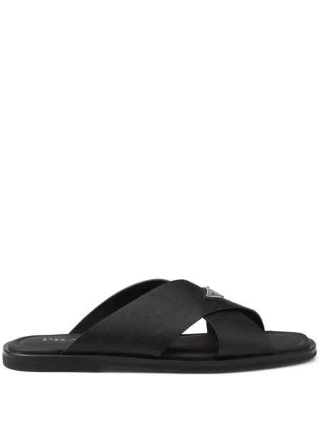  Prada Criss-cross Triangle-logo Leather Sandals - Black 