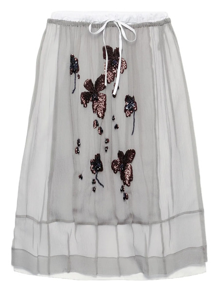  Prada Embroidered-floral Midi Skirt - Grey 