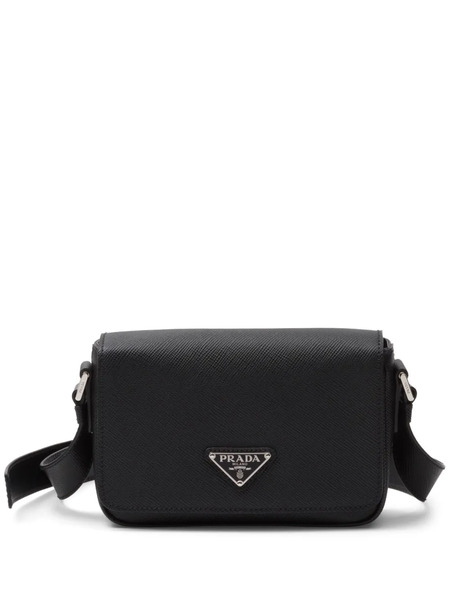  Prada Enamel Triangle Logo Flap Shoulder Bag - Black 