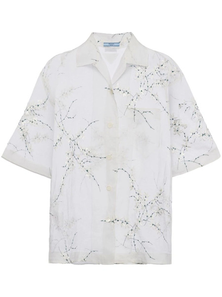  Prada Floral-embroidered Sheer Silk Shirt - White 