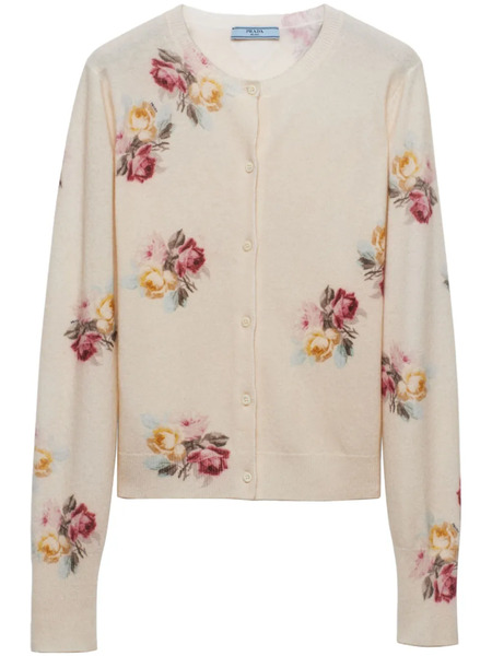  Prada Floral-print Wool Cardigan - Neutrals 