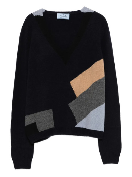  Prada Geometric-pattern V-neck Jumper - Blue 