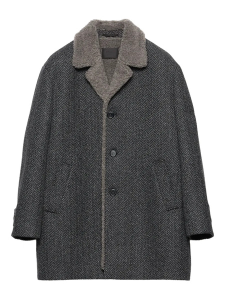  Prada Herringbone Shearling-collar Coat - Grey 