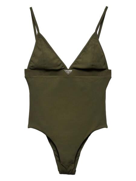  Prada Logo-triangle Fine-ribbed Swimsuit - Green 