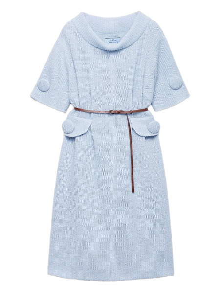  Prada Mouliné Wool Knit Midi Dress - Blue 
