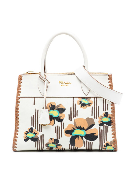  Prada Pre-owned 2010-2026 City Calf Trimmed Madras Floral Print Paradigme Whipstitch Satchel - White 