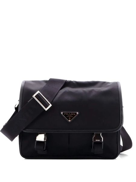  Prada Pre-owned Double Buckle Flap Messenger Bag Re-nylon With Saffiano Medium Crossbody Bag - Black 