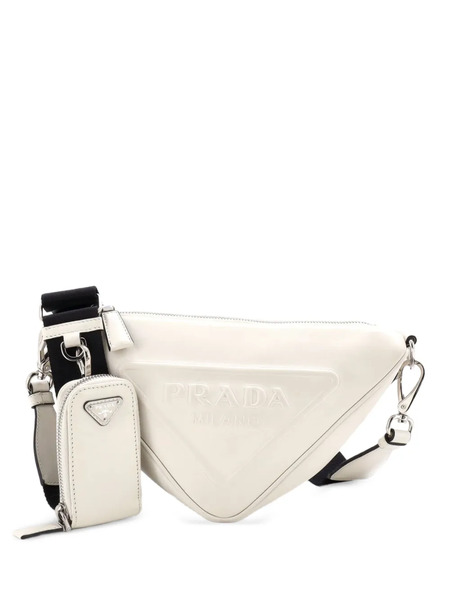  Prada Pre-owned Triangle Logo Zip Crossbody Bag Embossed Leather Mini Shoulder Bag - White 
