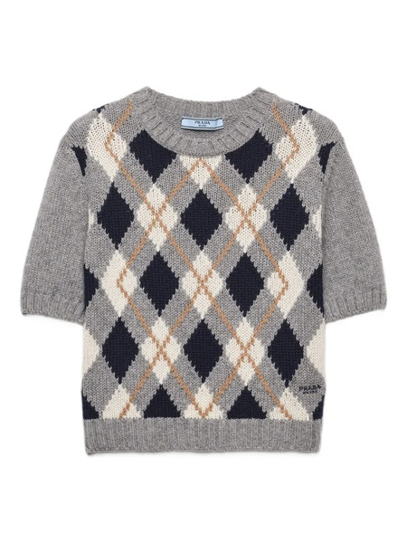  Prada Short-sleeved Argyle Sweater - Grey 