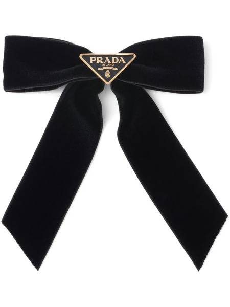  Prada Triangle-logo Bow Velvet Hair Clip - Black 