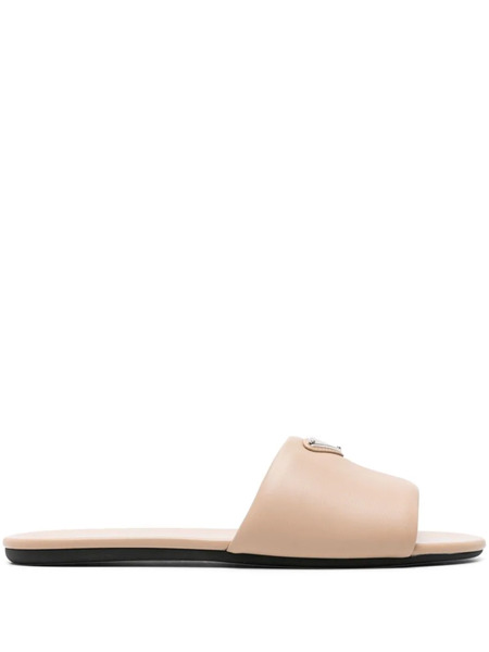 Prada Triangle-logo Leather Slides - Neutrals 