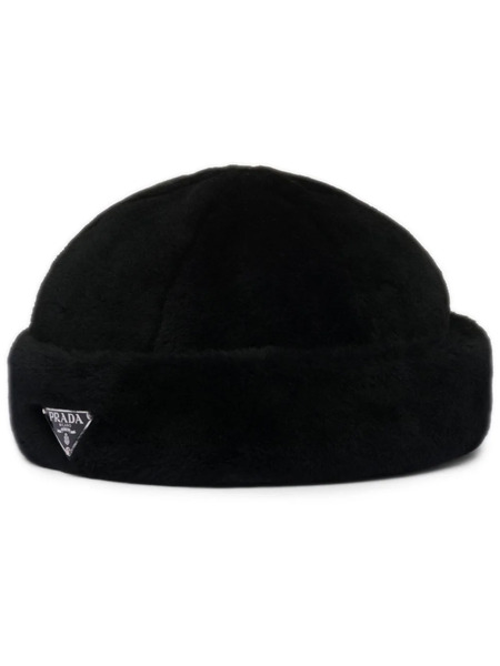  Prada Triangle-logo Shearling Hat - Black 
