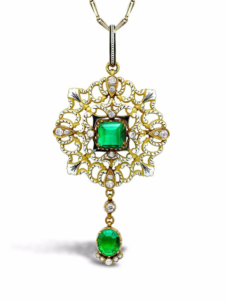  Pragnell Vintage 18kt Yellow Gold Carlo & Arthur Giuliano Emerald And Diamond Enamel Pendant Necklace 