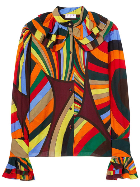  Pucci Abstract Print Ruffled Cotton Blouse - Orange 