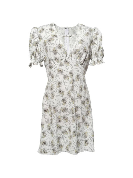  Pushbutton Puffed-sleeve Patterned Dress - White 