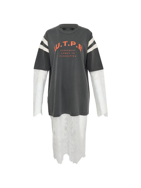  Pushbutton Stripe-detail Lace-layer T-shirt - Grey 