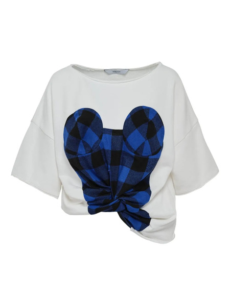  Pushbutton Twisted-hem Check-print Top - White 