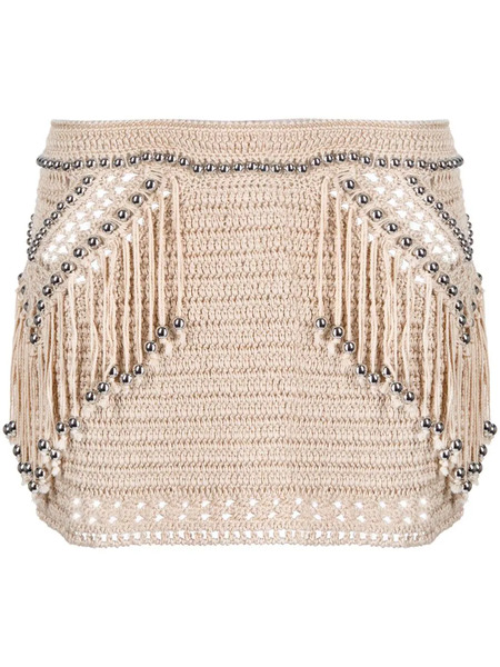  Rabanne Embellished Fringed Crochet Miniskirt - Brown 