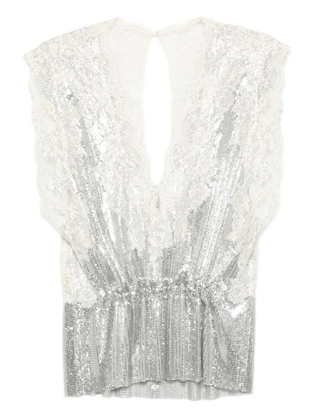  Rabanne Lace-insert Mesh Gathered-waist Top - Silver 