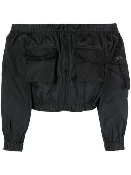  Red Valentino Off-shoulder Cropped Zip-up Jacket - Black 