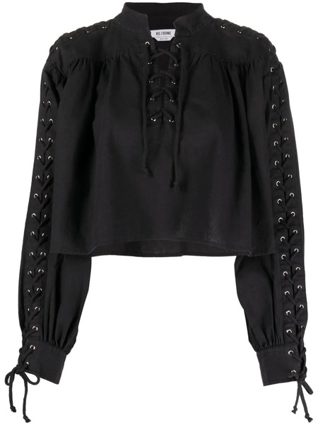 Re/done Pirate Lace-up Linen-blend Blouse - Black 