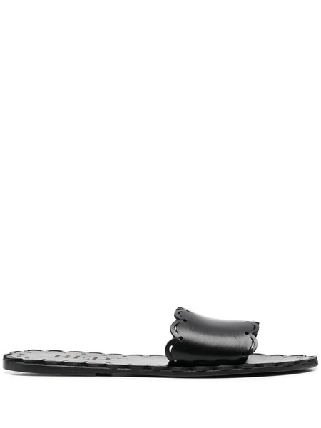  Red(v) Scalloped Leather Slide Sandals - Black 