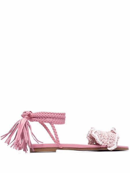  Red(v) Tassel-trim Straw Sandals - Pink 