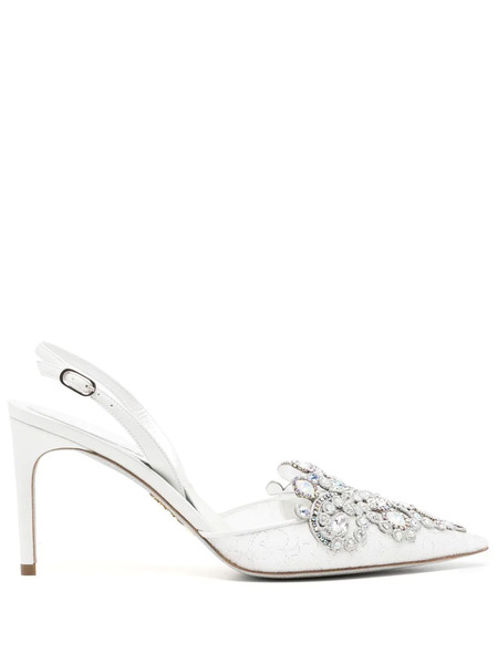  René Caovilla Lace Embellished Crystal Sling Back Pumps - White 