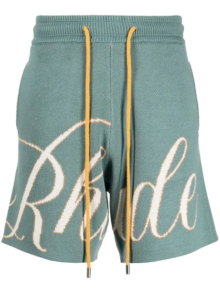  Rhude Script-logo ivory/sage Knitted Shorts - Green 