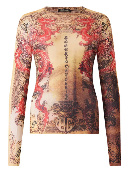  Roberto Cavalli Dragon-motif Long-sleeve Top - Neutrals 