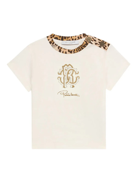  Roberto Cavalli Junior Monogram Leopard-print-trim T-shirt - Neutrals 
