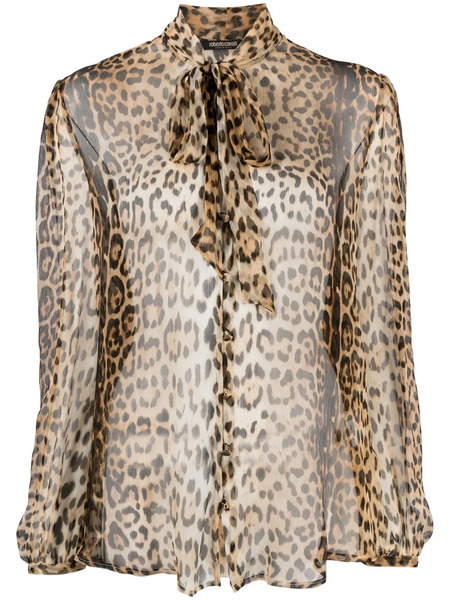  Roberto Cavalli Leopard-print Sheer Pussybow Blouse - Neutrals 
