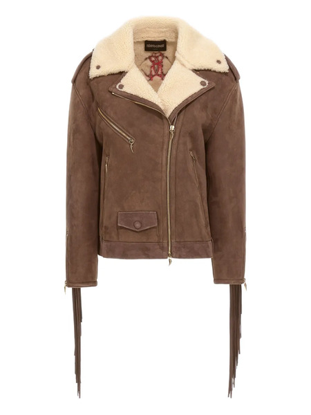  Roberto Cavalli Shearling-trimmed Fringed Leather Jacket - Brown 