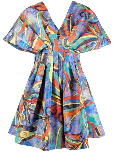  Rochas Pleated Graphic-print Minidress - Blue 