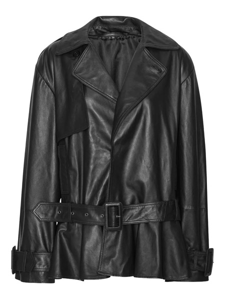  Rotate Birger Christensen Belted Ruffle Leather Jacket - Black 
