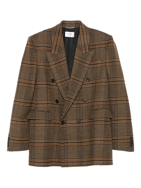  Saint Laurent Double-breasted Checked Blazer - Brown 