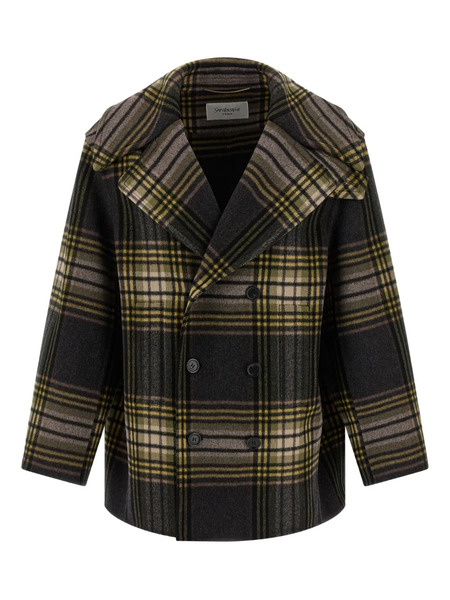  Saint Laurent Double-breasted Tartan-check Coat - Black 