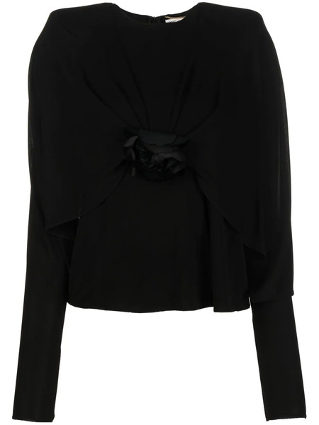  Saint Laurent Flower Crepe Long-sleeve Top - Black 