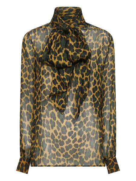  Saint Laurent Lavallière Leopard-print Blouse - Brown 