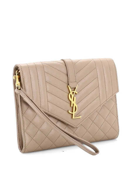  Saint Laurent Pre-owned Classic Monogram Envelope Wristlet Mixed Matelasse Leather Clutch Bag - Neutrals 