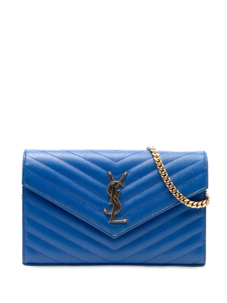  Saint Laurent Pre-owned 2015 Grain De Poudre Chevron Monogram Envelope Chain Wallet Crossbody Bag - Blue 