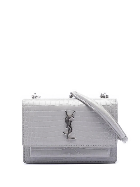  Saint Laurent Pre-owned 2017 Mini Croc Embossed Leather Monogram Sunset Wallet On Chain Crossbody Bag - Grey 