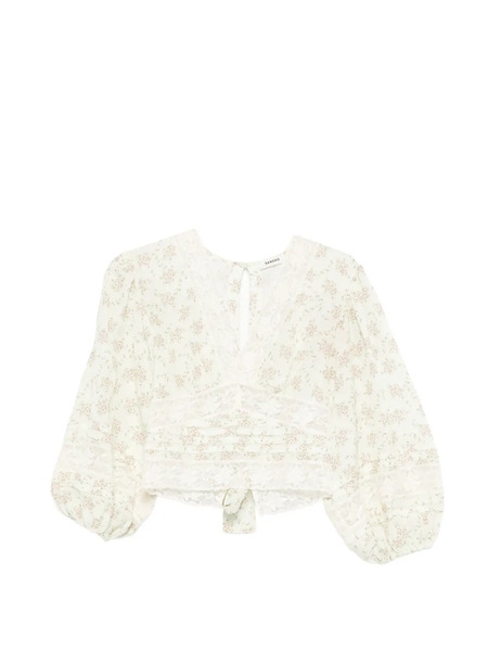  Sandro Davina Floral-print Lace-detail Top - Green 