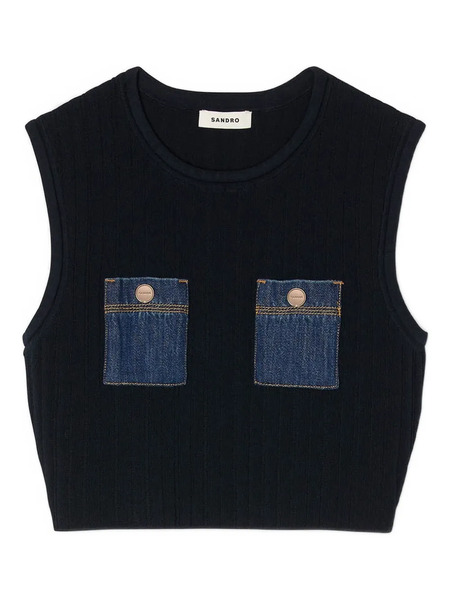  Sandro Denim-pockets Sleeveless Top - Blue 